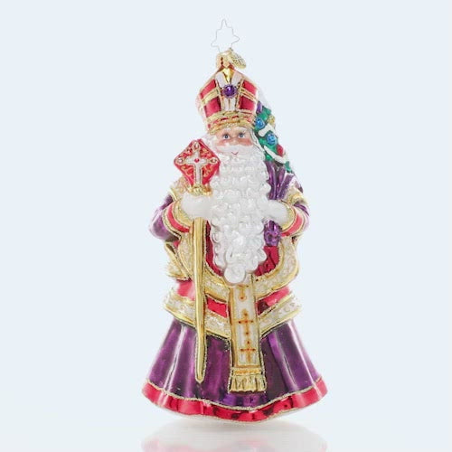 Video - Ornament Description - Patron Saint of Christmas: Saint Nicholas was known in his lifetime for his kindness and generosity, especially to children and the poor. Celebrate the "real" Santa this holiday season with this saintly statuette – complete with miter, scepter, and a holy purple robe. This video shows the ornament spinning slowly. 