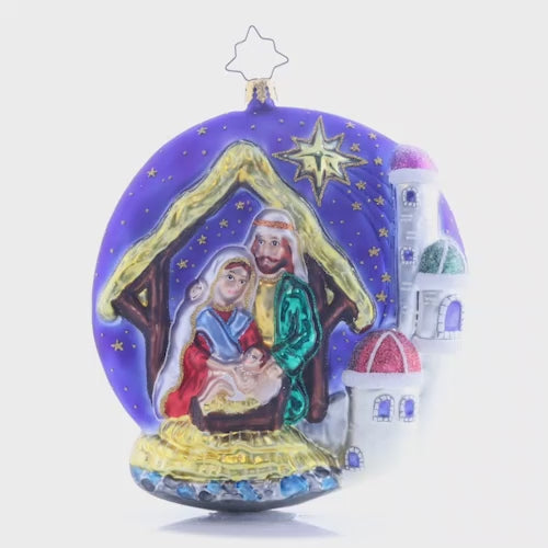 Video - Ornament Description - Oh Holy Night: The holiest of nights captured in a starry sky to guide the Three Wise Men to Jesus, Mary, & Joesph. The journey is long on this double-sided ornament, but well worth it when they arrive at their destination. This video shows the ornament slowly spinning.