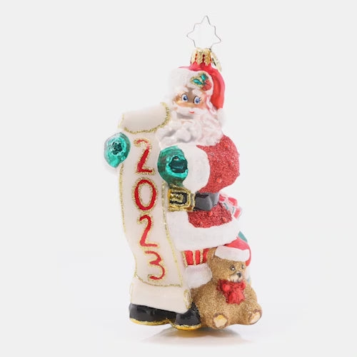 Video - Santa made his list and checked it twice – he thinks 2023 will definitely be nice! Celebrate a wonderful year with this classic ornament. This video shows the ornament slowly spinning. 