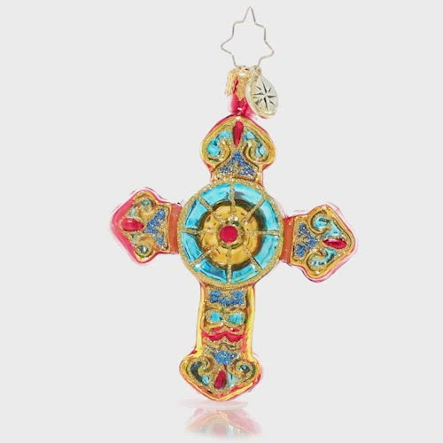 Video - Ornament Description - Golden Delight Gem: Transport yourself to the tranquility of a church sanctuary with this beautiful cross ornament. With colorful detailing mimicking the effect of stained glass, it is sure to bring peace, comfort and connection to all those who need it. This video shows the ornament slowly spinning. 