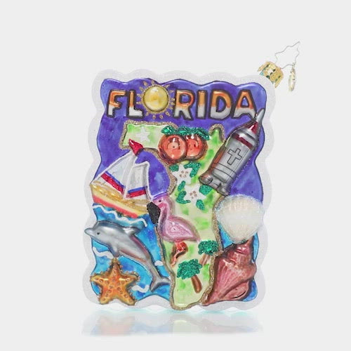 Video - Ornament Description - Greetings From Florida: Ah, Florida…wish you were here! Remember fun times in the sunshine state with this vibrant and whimsical postcard ornament. This video shows the ornament spinning slowly. 