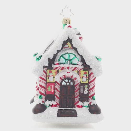 Video - Ornament Description - Sweetest House On The Block: These are some seriously sweet digs! This cheery Hershey's house is built with love from loads of America's favorite chocolate. This video shows the ornament spinning slowly. 