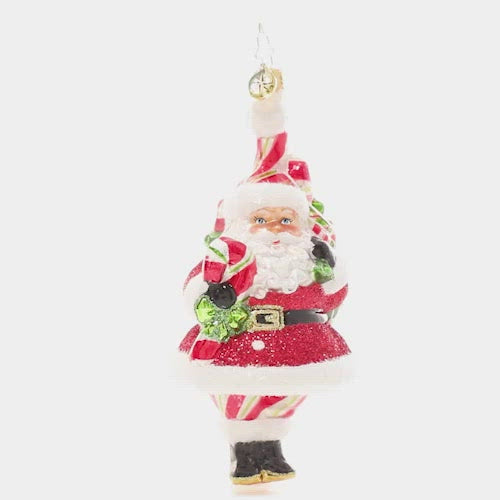 Video - Ornament Description - Peppy Mint Santa: Santa's got a whole lot of pep(permint!) in his step these days. Outfitted in head to toe candy-cane red, white, and green he's dressed the part to hand out delicious Christmas candies to every good girl and boy! This video shows the ornament spinning slowly. 