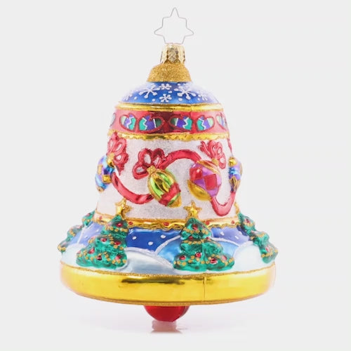 Video - Ornament Description - Well Decorated Bell: This beautiful bell features Christmas décor abound – tastefully trimmed trees, sparkling ornaments on garland, and delicate winter snowflakes. Ring in a cheerful holiday with this intricate piece! This video shows the ornament spinning slowly. 
