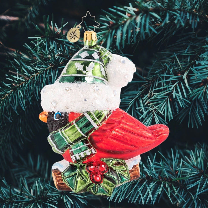Ornament Description - Bundled-Up Feathered Friend: When temperatures drop, every forest creature must find their own way to keep warm. This creative cardinal was lucky to come across this pint-sized set to bundle up--perched high on a holly branch, he shows off his festive finds for all to see.