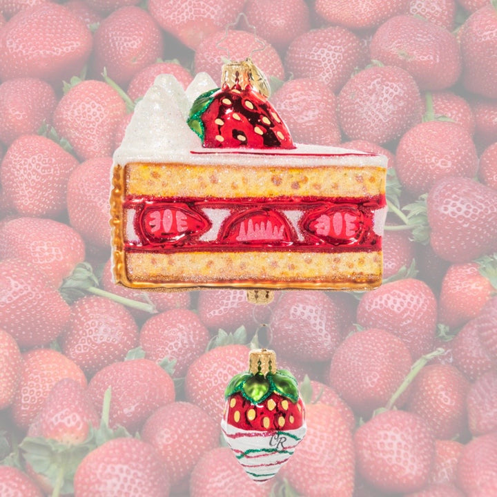 Ornament Description - Divine Dessert: Strawberries and cream-a dream! Sweet berries and whipped cream adorn a delightful sponge cake, with one juicy berry dangling below. It looks good enough to eat!