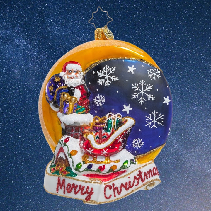 Ornament Description - Crescent Moon Christmas: The light of the moon reflects off the fresh-fallen snow and illuminates the rooftops as Santa finishes his final delivery for the year. He smiles and shouts his jolly greetings to the world. "Merry Christmas to all, and to all a good night!"