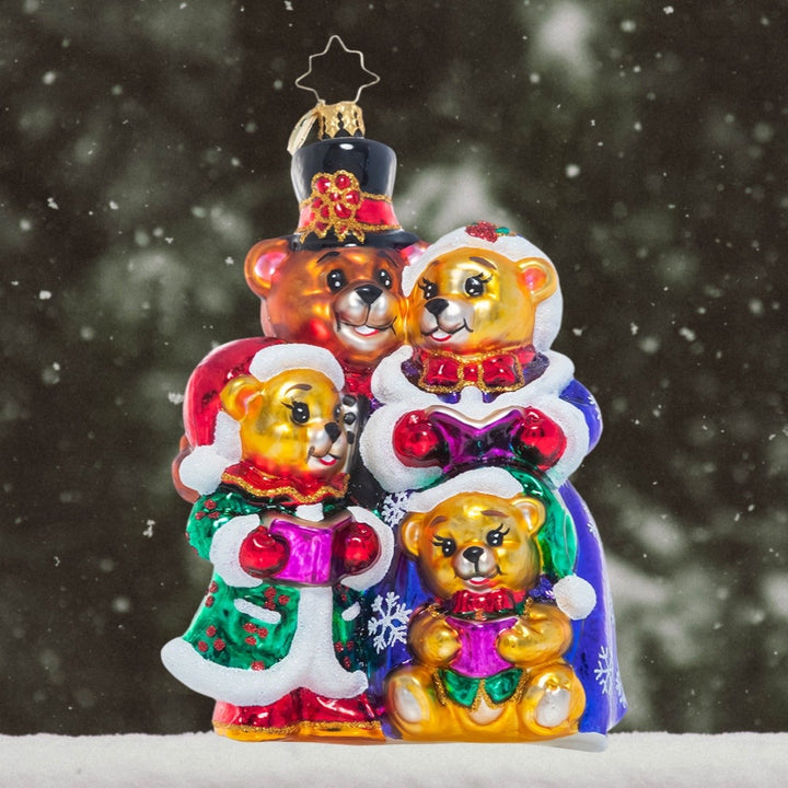 Ornament Description - Bear Family Carolers: This furry family has been practicing their Christmas carols and are bundled up to share their spirit with their friends in the town square. First up is "Have Yourself A Bear-y Little Christmas"!