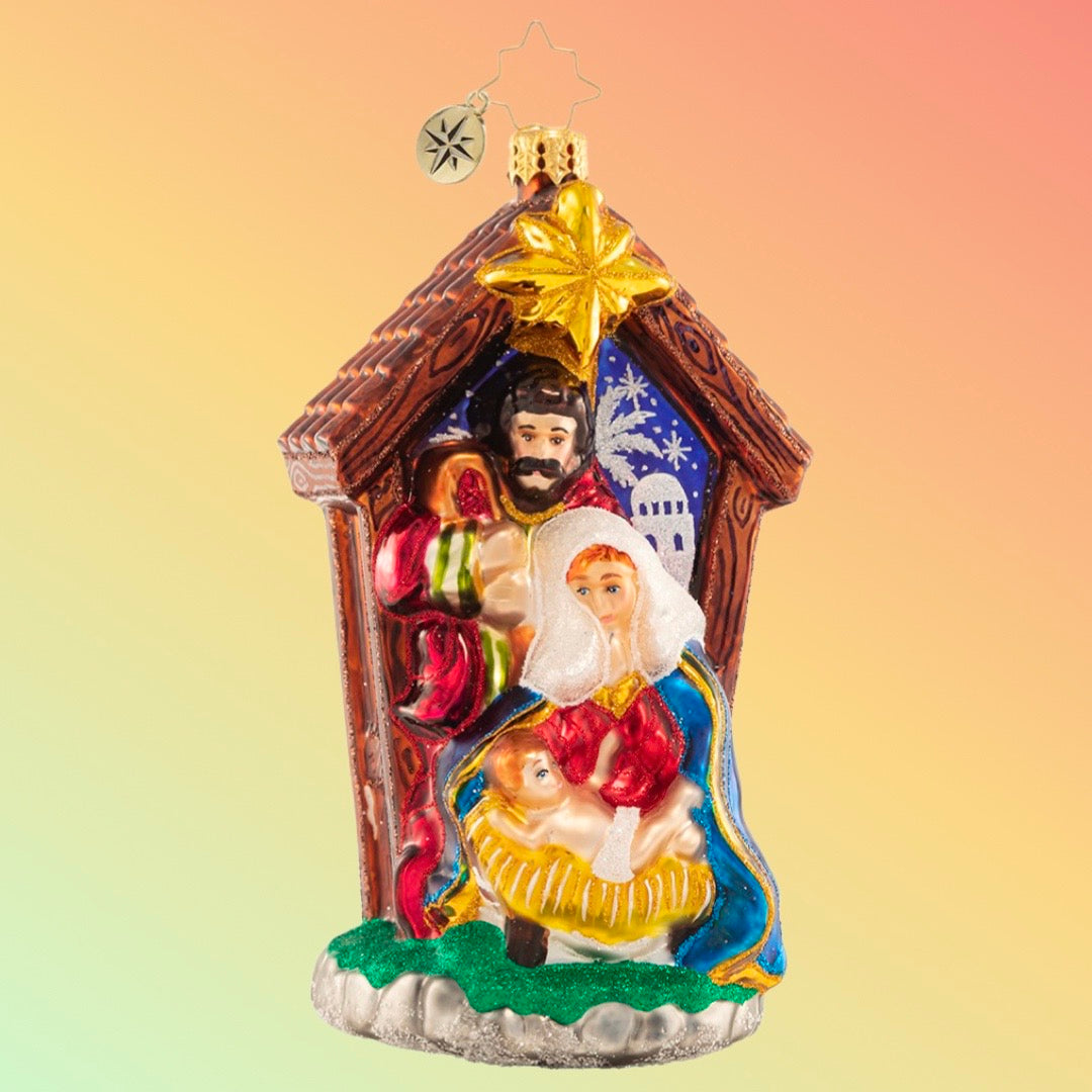 Ornament Description - Miracle in the Manger: Let heaven and nature sing! Mary and Joseph gaze lovingly at baby Jesus as he sleeps peacefully in the Bethlehem manger where he has just been declared the newborn king.