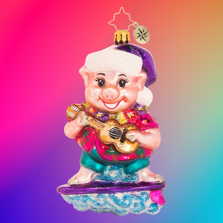 Ornament Description - Island Time Swine: Surf's up! This hog is hanging ten, riding a wave of fun right into the holiday season. For Christmas dinner, he suggests skipping the Kahlua pork and going straight for surf & turf instead!