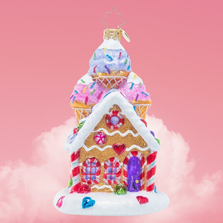 Ornament Description - Sprinkled Sundae Chalet: Christmas is even sweeter than usual at this gingerbread house with a sundae on top! Delicious and decadent, it's sure to satisfy any sweet tooth this season.