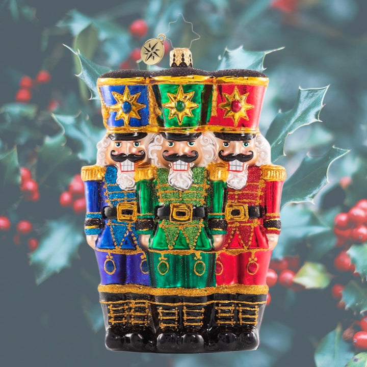 Ornament Description - The Nut-Cracking Pack: These three make a real cracking team! They stand shoulder-to-shoulder in formation as they prepare for their holiday service.