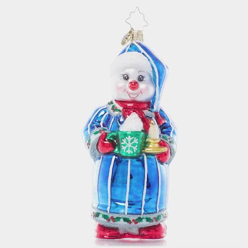 Video - Ornament Description - Sweet Dreams Snowman: With a cup of cocoa in hand and wrapped in his softest winter robe, this sweet snowman has everything he needs for a cozy night in! This video shows the ornament spinning slowly. 