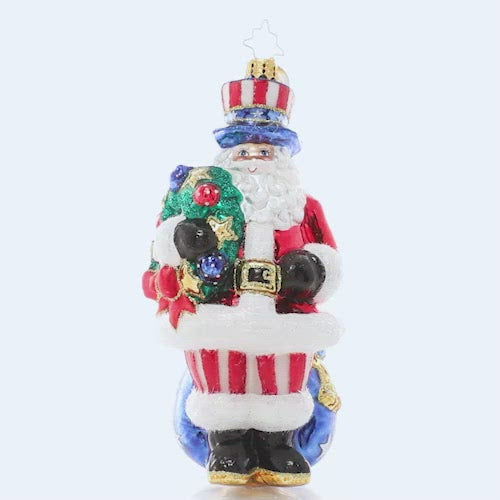 Video - Ornament Description - Proud Patriot Santa: Star spangled Santa! Santa stands proud in his stars and stripes, showing his love for the land of the free and the home of the brave. This video shows the ornament spinning slowly. 