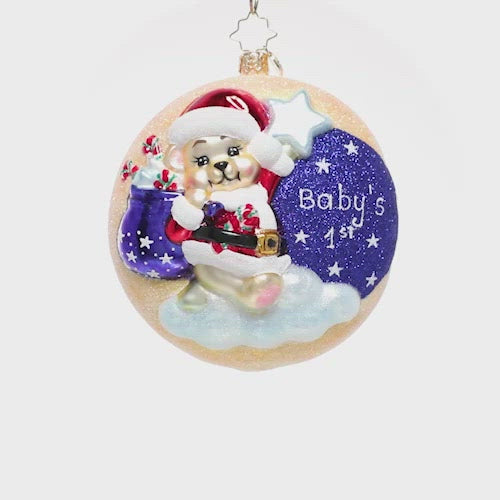 Video - Ornament Description - Darling 1st Christmas: Most precious! Your little one's first Christmas is a cherished occasion…mark it with this precious keepsake featuring cheerful Santa bear, a sparkly starry sky, and a serene crescent moon. The video shows the ornament spinning slowly. 