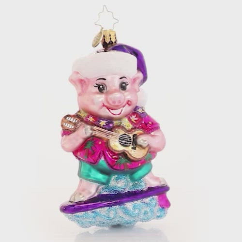 Video - Ornament Description - Island Time Swine: Surf's up! This hog is hanging ten, riding a wave of fun right into the holiday season. For Christmas dinner, he suggests skipping the Kahlua pork and going straight for surf & turf instead! This video shows the ornament slowly spinning. 