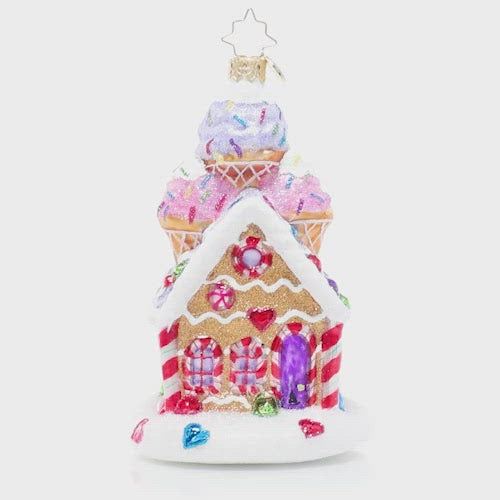 Video - Ornament Description - Sprinkled Sundae Chalet: Christmas is even sweeter than usual at this gingerbread house with a sundae on top! Delicious and decadent, it's sure to satisfy any sweet tooth this season. This video shows the ornament spinning slowly. 