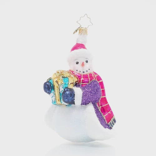 Video - Ornament Description - Smilin' And Stylin': This cheerful snowman has chosen some fabulous finery to guard him against the chill of winter as he travels to share a gift with a friend. He knows no ensemble is complete without a sparkly cloak and vibrant accessories. This snowman is certainly celebrating the holidays with his own unique flair! This video shows the ornament spinning slowly. 