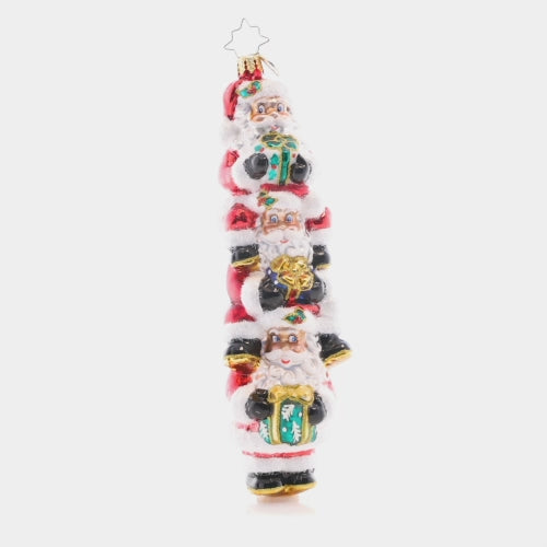Video - Ornament Description - Three Nicks Are Better Than One: Triple-decker Santas means triple the holiday fun! This silly stack of St. Nicks is a unique and cheerful addition to any tree. This video shows the ornament spinning slowly. 