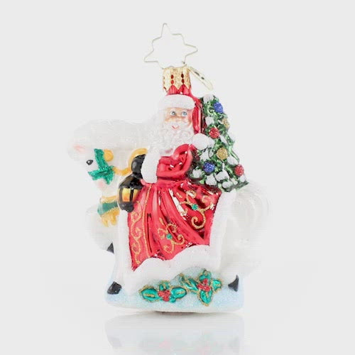Video - Ornament Description - Galloping into Christmas Gem: Giddy up! Santa is riding into town atop his trusty snowy steed. Do not let his small stature fool you--this little guy has serious horsepower! This video shows the ornament slowly spinning. 