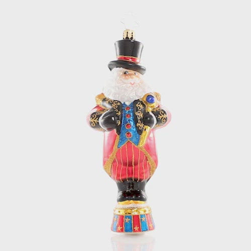 Video - Ornament Description - Ringmaster of Christmas: Between toymaking, reindeer training and cooking baking, Christmas at the North Pole can be quite a circus! Good things Santa has got everything under control. This video shows the ornament spinning slowly. 