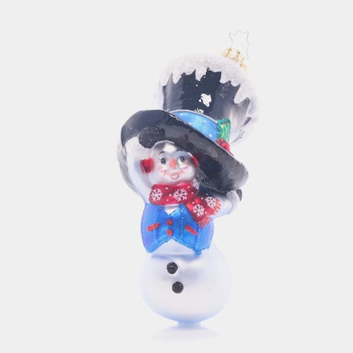 Video - Ornament Description - Peek-A-Boo Snowman: There wasn't enough snow for this snowman to fully grow. He'll hide in his stylish top hat, but isn't too shy to chat. Don't be fooled by his size. He still wins the cuteness prize! This video shows the ornament spinning slowly. 