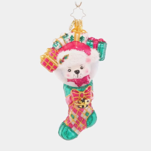 Video - Ornament Description - Stocking Stuffer: A polar bear surprise is a welcomed holiday prize! With gifts in store in this stocking, that'll have all the recipients talking. This video shows the ornament spinning slowly. 