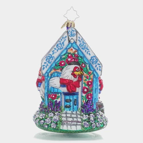 Video - Ornament Description - Henhouse Holidays: On the third day of Christmas, my true love gave to me...The third piece in our Ornament of the Month collection! Featuring a trio of French feathered friends who are right at home in their cozy henhouse, this ornament helps bring the traditional Christmas carol to life! This video shows the ornament slowly spinning. 