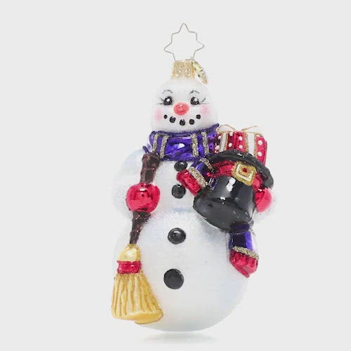 Video - Ornament Description - Smiling Snow Friend: This happy snowman has taken off his top hat and filled it with presents. What kind of merry-making will he get up to once he delivers them? This video shows the ornament spinning slowly. 