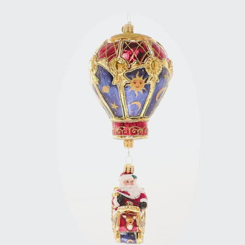Video - Ornament Description - Among the Stars: Up, up, and away! Santa and his golden sleigh float gracefully through the night sky with the help of a celestial hot air balloon.
