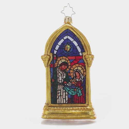Video - Ornament Description - Silent Night Nativity: All is calm, all is bright. The peaceful glow of a nativity scene and the Christmas star are captured by this stunning stained-glass motif within a gilded frame. This video shows the ornament spinning slowly. 