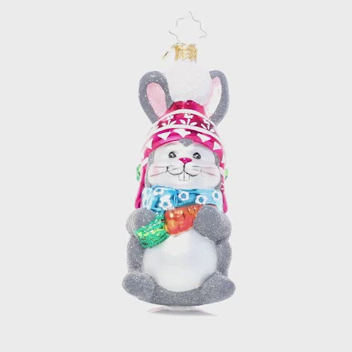 Video - Ornament Description - Bundled Up Bunny: This little cotton tail looks ready to hit the slopes with his snow hat and a bag full of provisions from the garden. All he needs now are some skis!