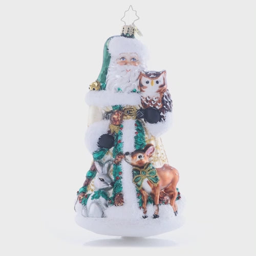 Video - Ornament Description - Woodland Friends Santa: Swathed in evergreen robes, Santa is surrounded by his many adorable woodland friends. He loves to stroll through the snowy forest to appreciate the winter season. This video shows the ornament spinning slowly.