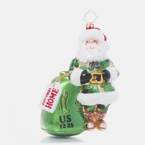 Video - Ornament Description - Camo Christmas Santa: Santa has returned from serving his country, and ready to serve the world on Christmas Eve. He's repurposed his military duffel to haul around his gifting loot!
