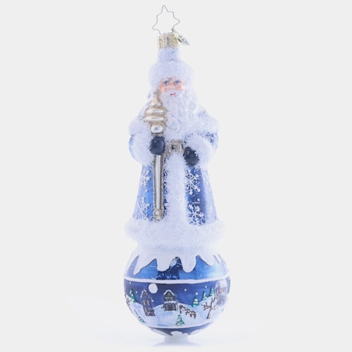 Video - Ornament Description - Snowy Serenity Santa: This snowflake-covered Santa stands upon a serene scene round, showcasing a beautiful silent night. This piece is an intricate and charming addition to any tree! This video shows the ornament spinning slowly. 