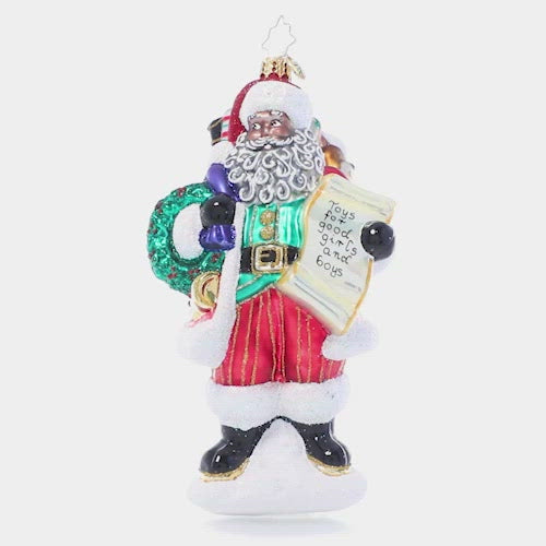 Video - Ornament Description - Stocked Up for Christmas: Someone get the sleigh! He's made his list, checked it twice, and now Santa has packed his magic sack full of toys--he's officially ready to make some very special deliveries! This video shows the ornament spinning slowly. 