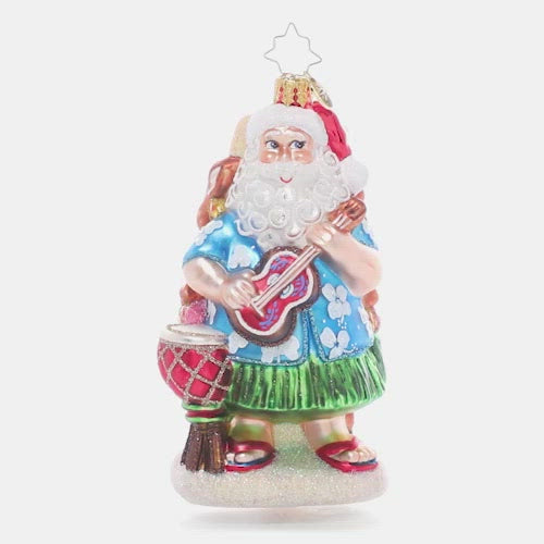 Video - Ornament Description - Ho Ho Hula: Mele Kalikimaka! Santa says "Aloha" from the islands on his annual vacation with his loyal reindeer team – turns out they are not just excellent as sled leaders, but as backup dancers too! This video shows the ornament slowly spinning. 