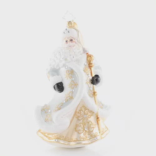 Video - Ornament Description - Gleaming in Golden Radiance: Santa is going for gold! He is shining bright in a showstopping gilded getup. We are not sure what shines brighter--him or the North Star! This video shows the ornament slowly spinning.
