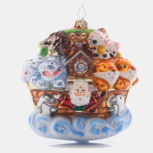 Video - Ornament Description - Two By Two: The bounty of animals has boarded Noah's ark, joining Santa and Mrs. Claus as they sail towards Christmas! They can't wait to celebrate the reason for the season together. This video shows the ornament spinning slowly. 