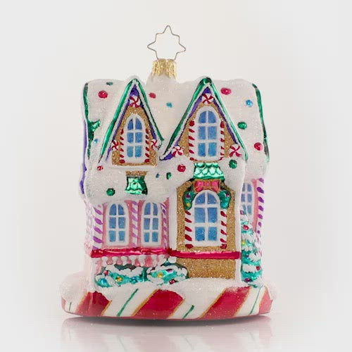 Video - Ornament Description - Marvelous in Mint: Sweet and stunning! With its peppermint pillars and pinwheels throughout, this charming Victorian home truly is in 'mint' condition. This video shows the ornament spinning slowly. 