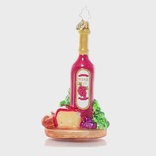 Video - Ornament Description - Sophisticated Spread: Peace on earth, goodwill to men…we'll cheers to that! This festive ornament features all the fixings of a delicious gathering plate – bread, grapes, and of course, wine – perfect for any gourmand on your list. This video shows the ornament spinning slowly. 