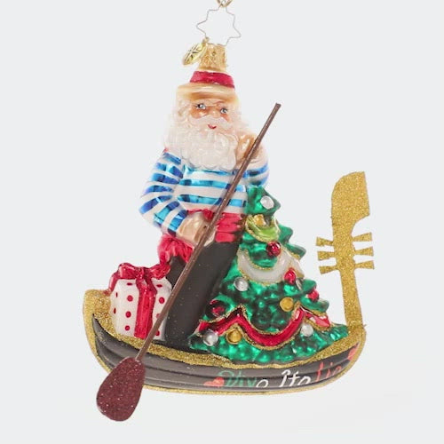 Video - Ornament Description - Jolly Gondolier: Buon Natale, Santa! Mr. Claus has ditched his sleigh for a Venetian gondola loaded with tons of Christmas cheer. This video shows the ornament slowly spinning. 