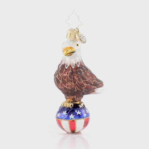 Video - Ornament Description - Stars & Stripes Bald Eagle Gem: Over purple mountains' majesty and above the fruited plainâ€¦there's no question that this little feathered fella is proud to be an American, in the land of the free and the home of the brave! This video shows the ornament spinning slowly. 