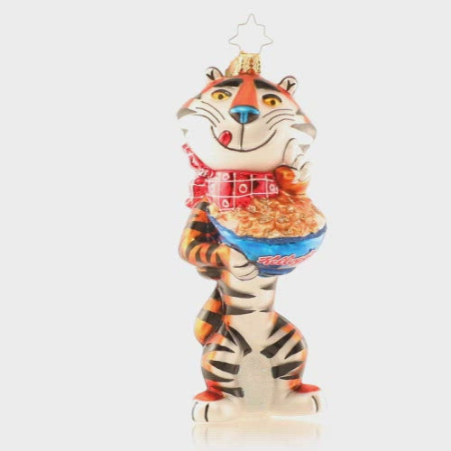 Video - Ornament Description - The Gr-r-reatest Breakfast: Tony the Tiger TM knows that a big bowl of his favorite breakfast cereal is the best way to start his day off right. He makes sure he fills up for a big day ahead-- after all, there is Christmas shopping to be done! This video shows the ornament spinning slowly. 