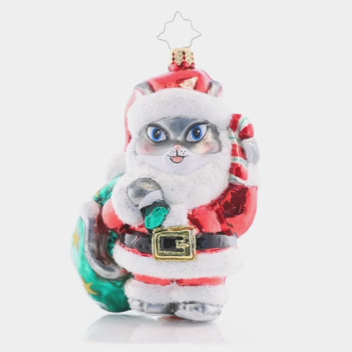Video - Ornament Description - Very Meow-y Christmas: Santa Claus? Or Santa Claws? This festive feline friend is here to help deliver presents and cheer. This video shows the ornament spinning slowly. 