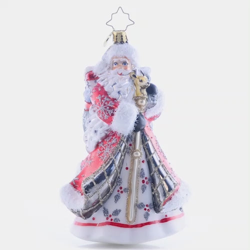 Video - Ornament Description - Winter Splendor Santa: Santa's stunning red coat is accented with silver splendor, glittered with holly and sparkling snowflakes. This is a truly magnificent piece to display on your tree. This video shows the ornament spinning slowly. 