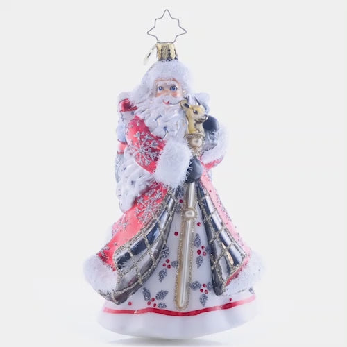 Video - Ornament Description - Winter Splendor Santa: Santa's stunning red coat is accented with silver splendor, glittered with holly and sparkling snowflakes. This is a truly magnificent piece to display on your tree. This video shows the ornament spinning slowly. 