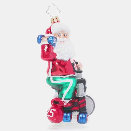 Video - Ornament Description - Santa Breaks a Sweat: Santa's no slouch! He works hard to keep himself in top Christmas shape for the demands of his busiest season; he's got to make room for lots of cookies and milk, after all! This video shows the ornament spinning slowly. 