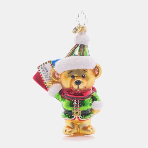 Video - Ornament Description - Beary Good Helper: Dressed in his finest elf attire, this sweet little bear is delivering Christmas lists to Santa!