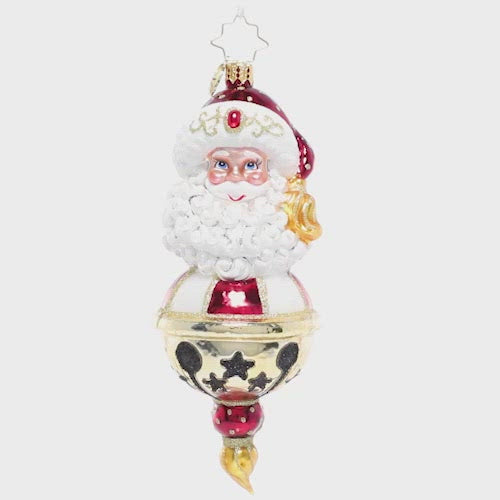 Ornaments - Description: From his place atop a golden jingle bell, Santa's ready to ring in the Christmas season! This ornament shines in luxe tones of metallic gold and deep ruby red.Video - Ornament Description - Jingle All the Way: From his place atop a golden jingle bell, Santa's ready to ring in the Christmas season! This ornament shines in luxe tones of metallic gold and deep ruby red. This video shows the ornament slowly spinning. 
